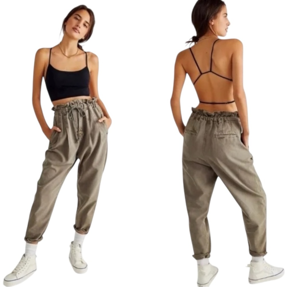 Free People Margate Pleated Harem Paper Bag Olive‎ Utility Pants Small New